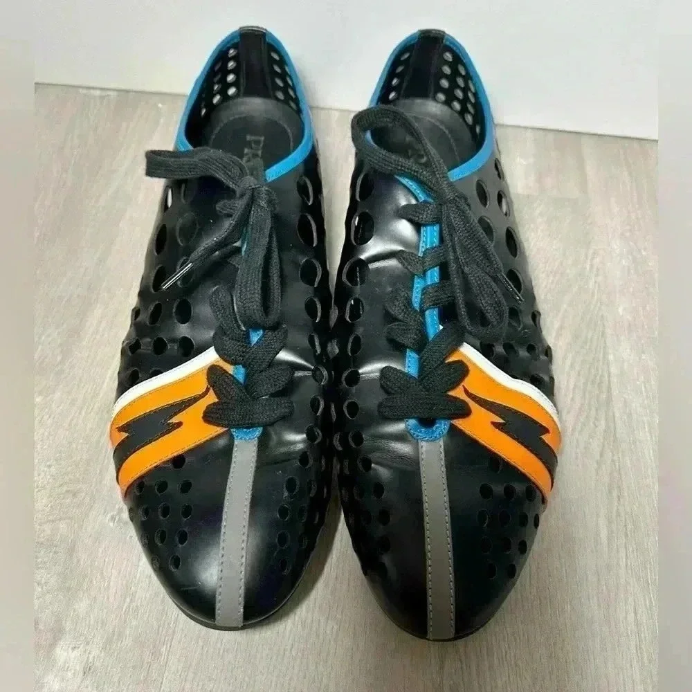 Prada 2EG168 Perforated Leather Sneakers Men 9 Black Orange Excellent Bolt - Picture 2 of 10